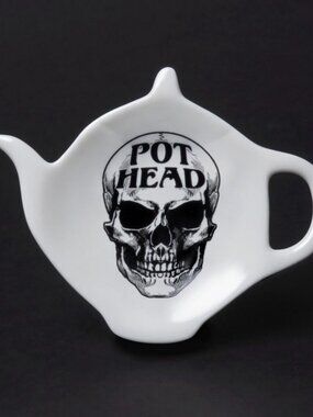 Alchemy Gothic Pot Head Skull Tea Bag Spoon Rest China Rare Retired White Sz OS